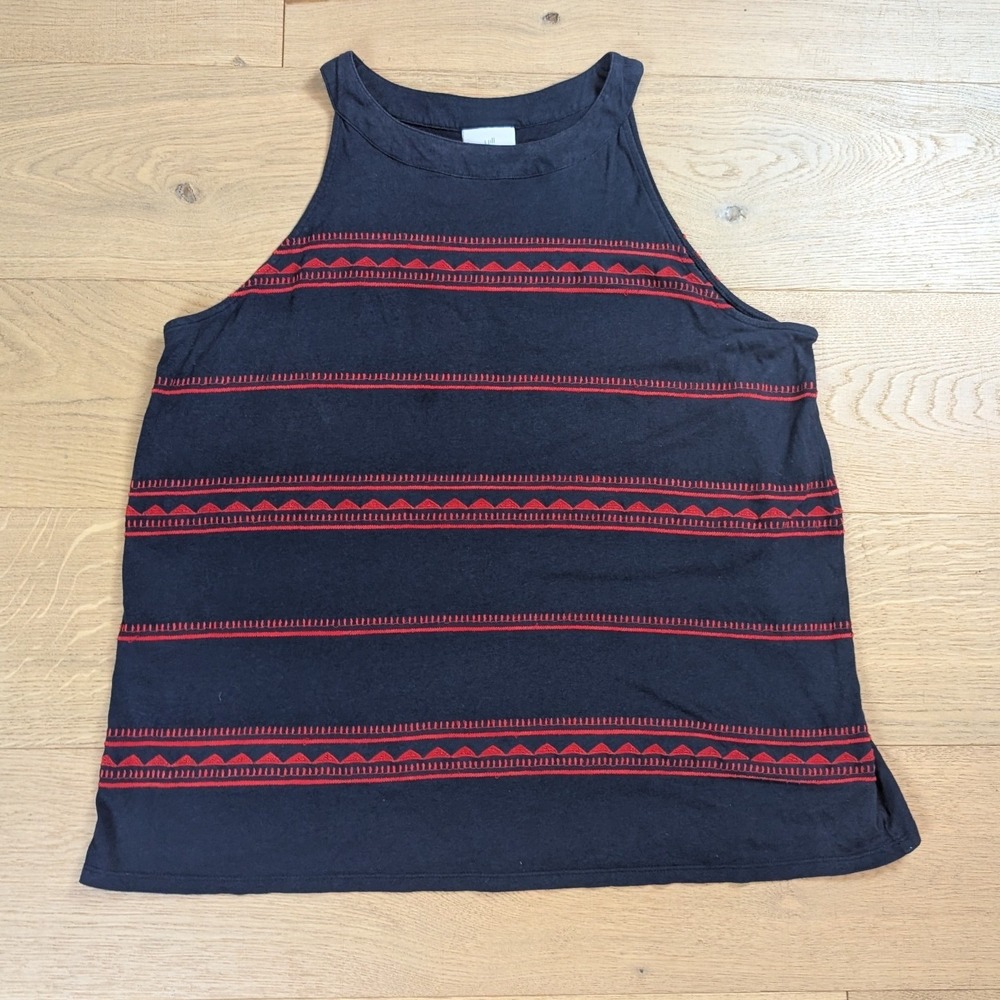 J. Jill Women 1X Navy Blue Red Geometric Embroidered Halter Neck Tank Top Cotton